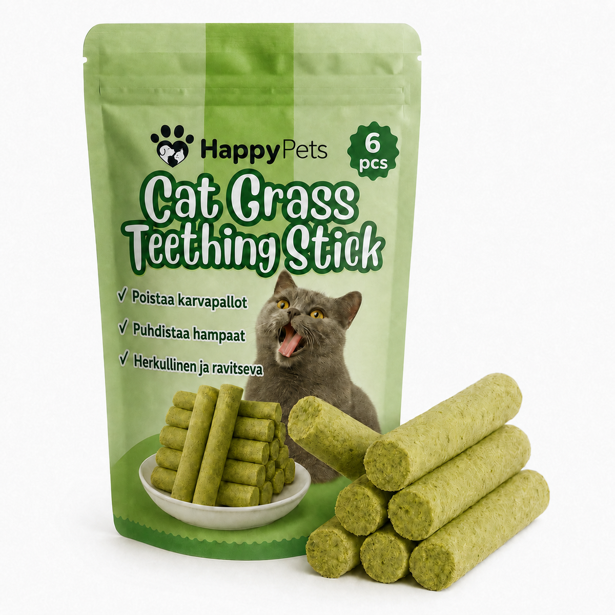HappyPets Cat Grass Teething Stick 英語パッケージ
